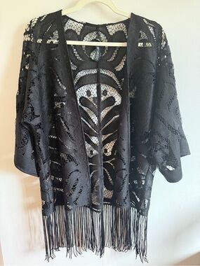Design Lab Lord & Taylor Black Crochet Fringe Swim Coverup